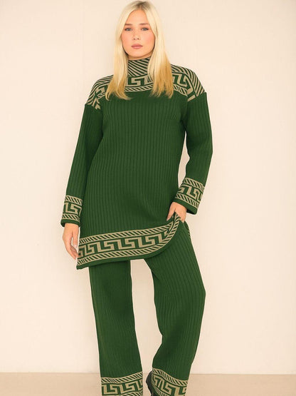 Womens Highneck Ribbed Geometric Pattern knitted 2 Piece Co-ord Set