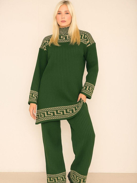 Womens Highneck Ribbed Geometric Pattern knitted 2 Piece Co-ord Set