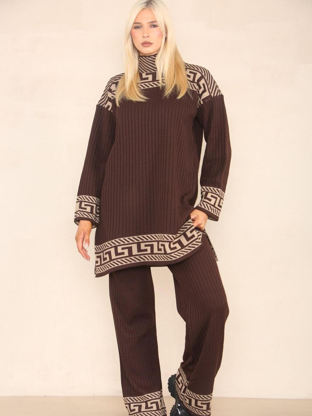 Womens Highneck Ribbed Geometric Pattern knitted 2 Piece Co-ord Set
