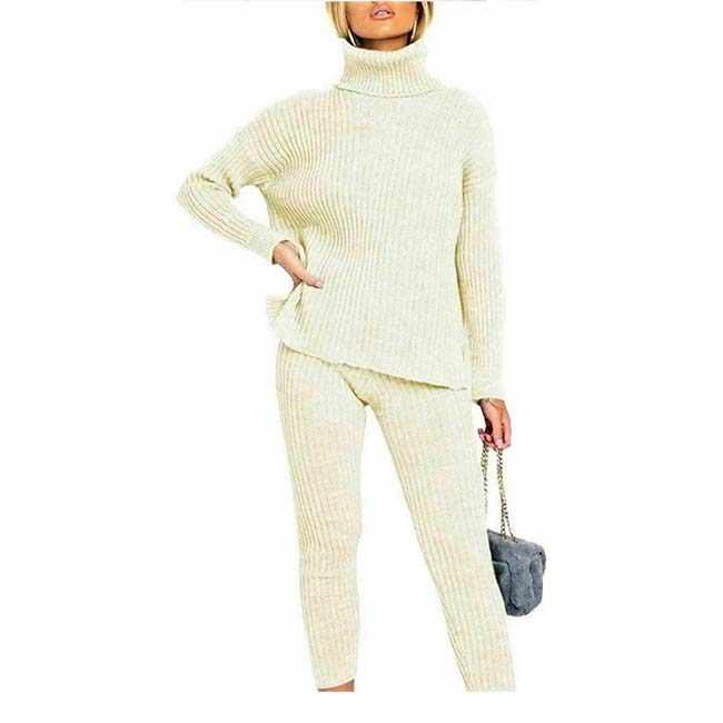 Womens Chunky Knitted Loungewear Ladies Polo High Neck Top Leggings Suit Set