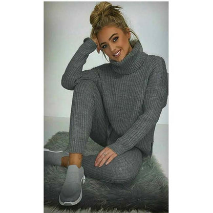 Womens Chunky Knitted Loungewear Ladies Polo High Neck Top Leggings Suit Set