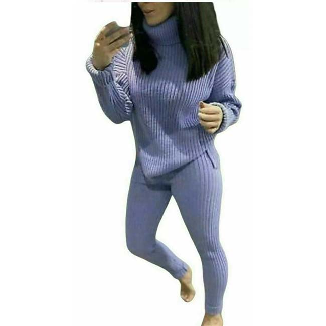 Womens Chunky Knitted Loungewear Ladies Polo High Neck Top Leggings Suit Set