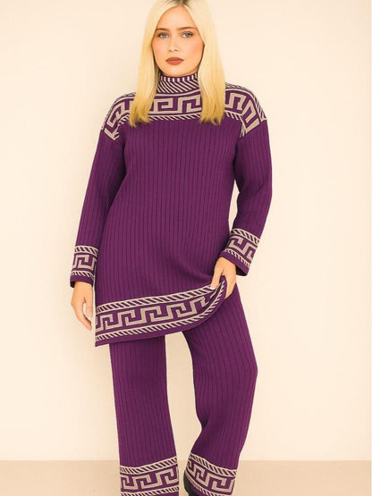 Womens Highneck Ribbed Geometric Pattern knitted 2 Piece Co-ord Set