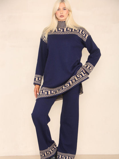 Womens Highneck Ribbed Geometric Pattern knitted 2 Piece Co-ord Set