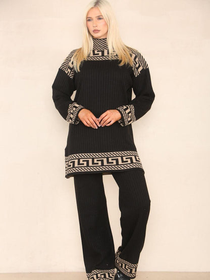 Womens Highneck Ribbed Geometric Pattern knitted 2 Piece Co-ord Set