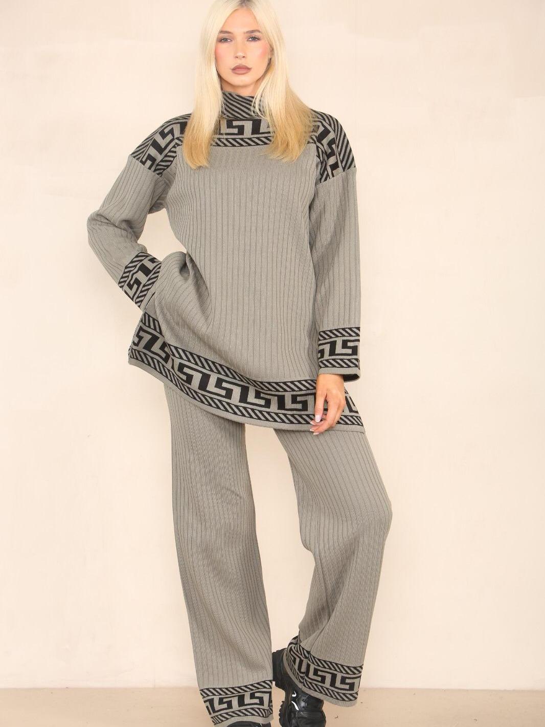 Womens Highneck Ribbed Geometric Pattern knitted 2 Piece Co-ord Set