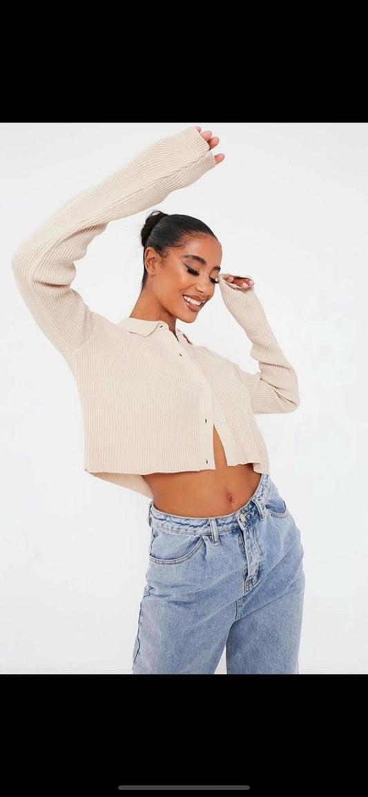 Women's Long Sleeve Ribbed Collared Short Cardigan Button Up Ladies Shirt Top
