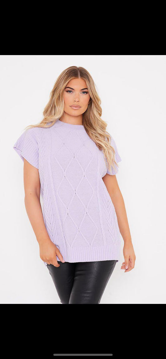Womens Sleeveless Printed Knitted Vest Jumper Ladies Crew Neck Pullover Sweater Top Lilac