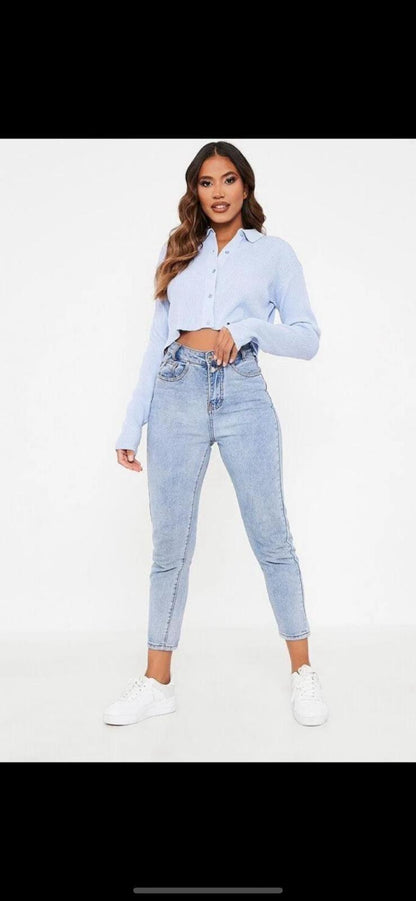 Women's Long Sleeve Ribbed Collared Short Cardigan Button Up Ladies Shirt Top