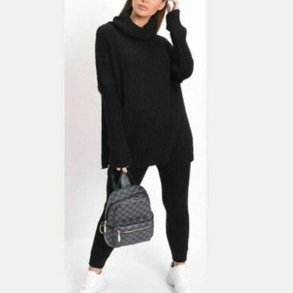 Womens Chunky Knitted Loungewear Ladies Polo High Neck Top Leggings Suit Set