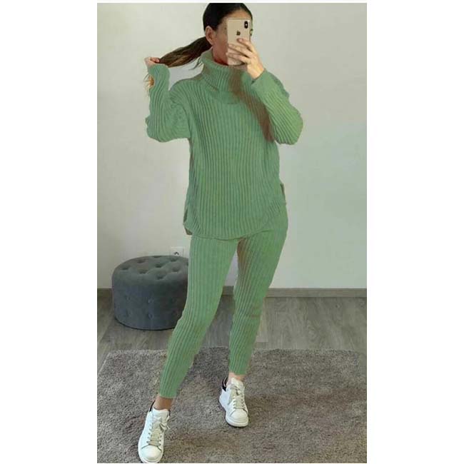 Womens Chunky Knitted Loungewear Ladies Polo High Neck Top Leggings Suit Set