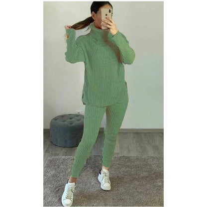 Womens Chunky Knitted Loungewear Ladies Polo High Neck Top Leggings Suit Set