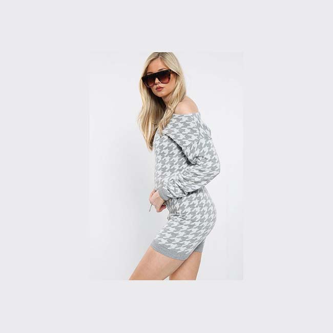 Dogtooth slash neck loungewear set