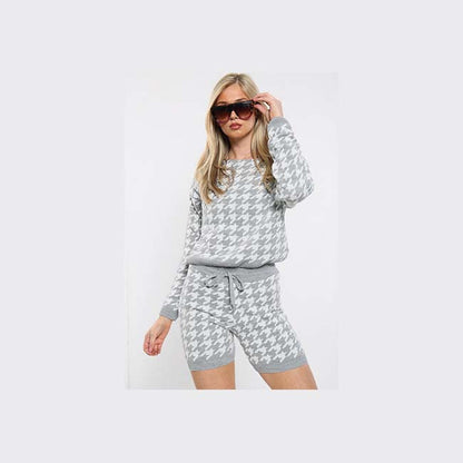 Dogtooth slash neck loungewear set
