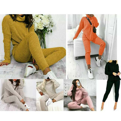 Womens Chunky Knitted Loungewear Ladies Polo High Neck Top Leggings Suit Set