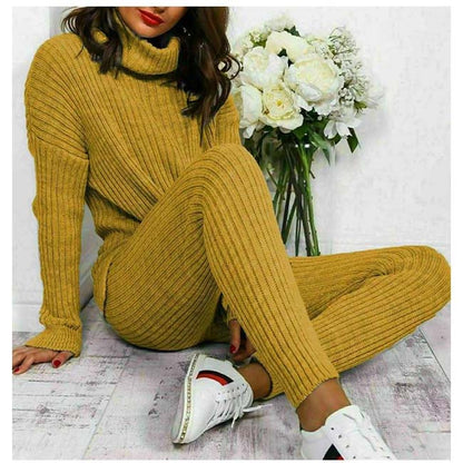 Womens Chunky Knitted Loungewear Ladies Polo High Neck Top Leggings Suit Set
