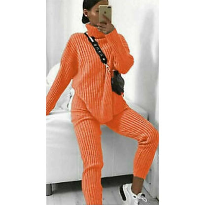 Womens Chunky Knitted Loungewear Ladies Polo High Neck Top Leggings Suit Set
