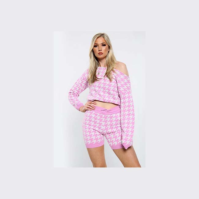 Dogtooth slash neck loungewear set